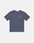 A Boy's Freshman Short Sleeve Tee by Volcom, featuring a plain dark blue design with short sleeves, made from premium ring-spun cotton, and accented with a small white and black embroidered logo on the left chest, displayed flat on a white background.