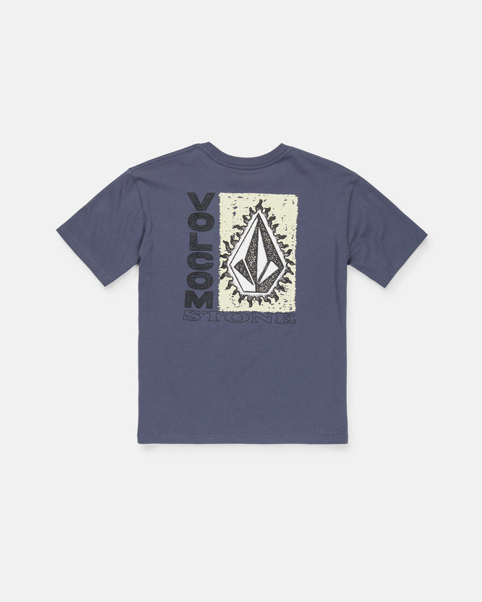 Here’s a revised version of the sentence using the provided product data: The Volcom Boy's Freshman Short Sleeve Tee is a blue, classic-fit shirt made from premium ring-spun cotton. It features a large Volcom Stone logo with black and cream abstract designs on the back, along with the word "VOLCOM" displayed vertically and "STONE" printed horizontally at the bottom.