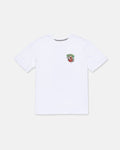 The Boy’s Snaky Short Sleeve Tee by Volcom is a white t-shirt made from premium ring spun cotton, with a small, colorful embroidered tiger head and green lettering on the left chest. The background is plain white.