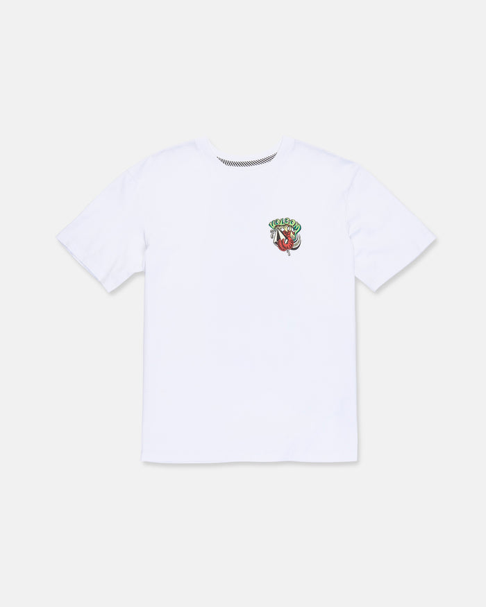 The Boy’s Snaky Short Sleeve Tee by Volcom is a white t-shirt made from premium ring spun cotton, with a small, colorful embroidered tiger head and green lettering on the left chest. The background is plain white.