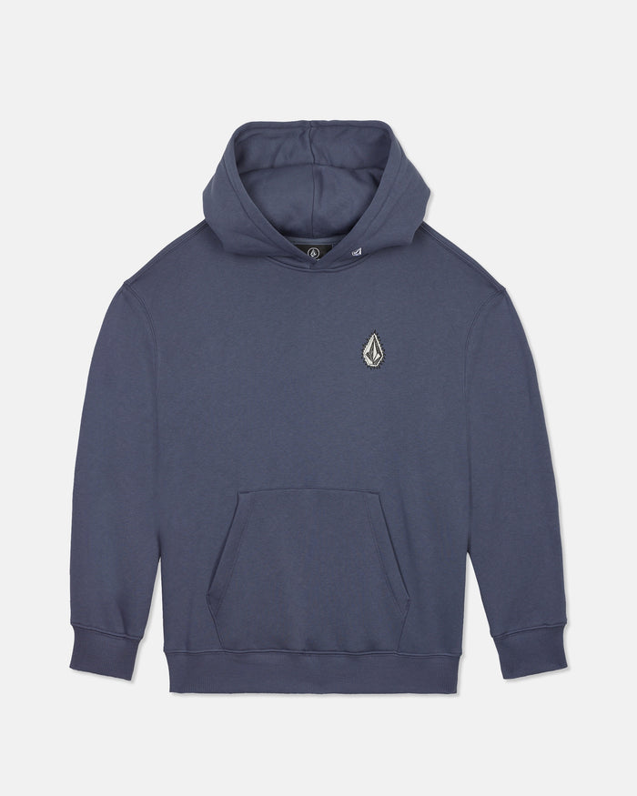 A Volcom Boy's Watanite Pull Over fleece hoodie in blue, featuring a front pocket and a small embroidered logo on the left chest, displayed on a plain white background.