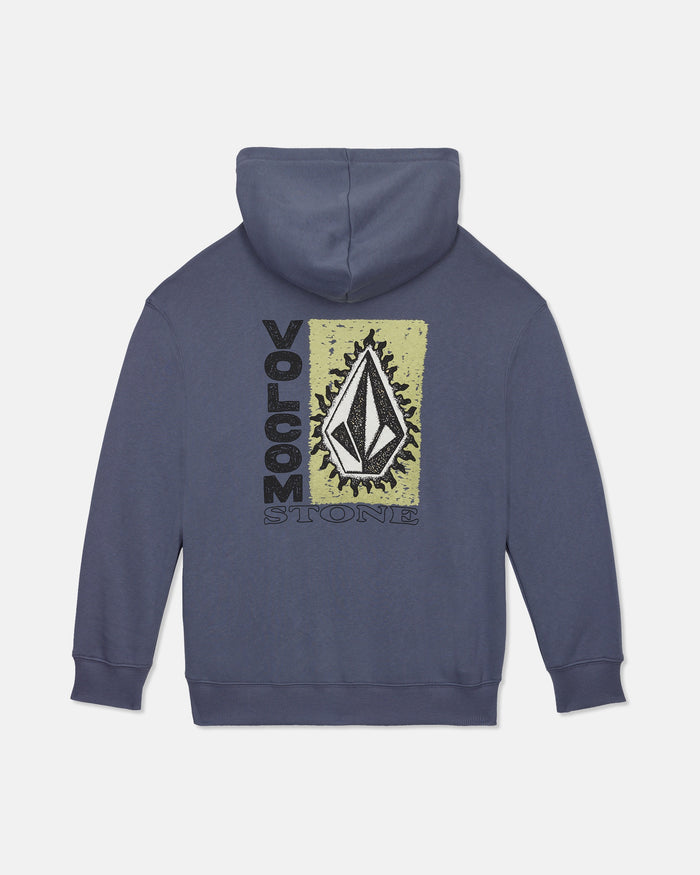 The Volcom Boy's Watanite Pull Over is a blue fleece hoodie for boys, featuring a bold Volcom Stone logo on the back with eye-catching black, white, and yellow graphics, along with the words "VOLCOM STONE" printed both vertically and horizontally.