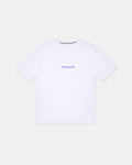 A Boy's Weirdcard Short Sleeve Tee by Volcom, featuring a classic fit in plain white with "VOLCOM" and a small logo printed in purple on the chest, crafted from premium ring-spun cotton and shown on a light gray background.