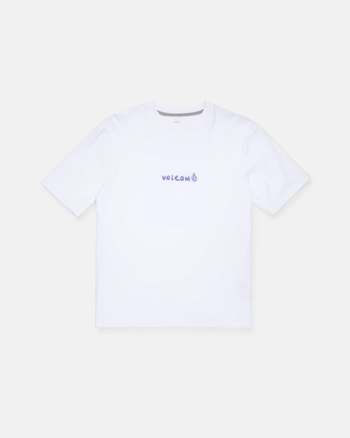 A Boy's Weirdcard Short Sleeve Tee by Volcom, featuring a classic fit in plain white with "VOLCOM" and a small logo printed in purple on the chest, crafted from premium ring-spun cotton and shown on a light gray background.