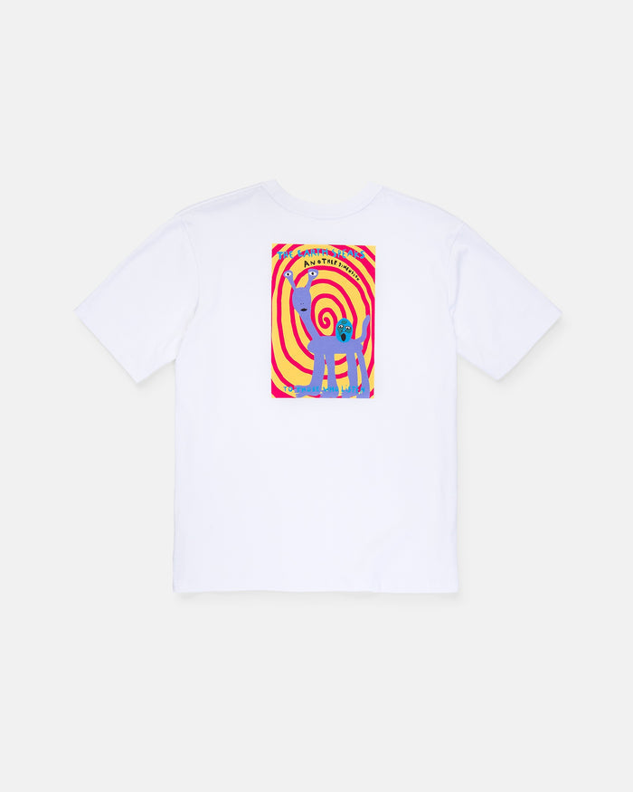 Introducing the Boy's Weirdcard Short Sleeve Tee by Volcom. This classic fit white t-shirt is crafted from heavyweight, premium ring-spun cotton for superior comfort and durability. The back showcases a bold, psychedelic graphic featuring red and yellow spirals alongside an abstract blue figure, with “Nature is” printed above in blue letters—combining eye-catching style with high-quality construction.