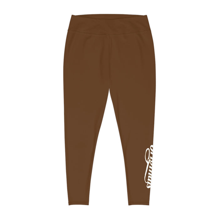 Brown Plus Size Leggings — Subtle Side Script Graphic, Comfortable Everyday Activewear - 314 Originals
