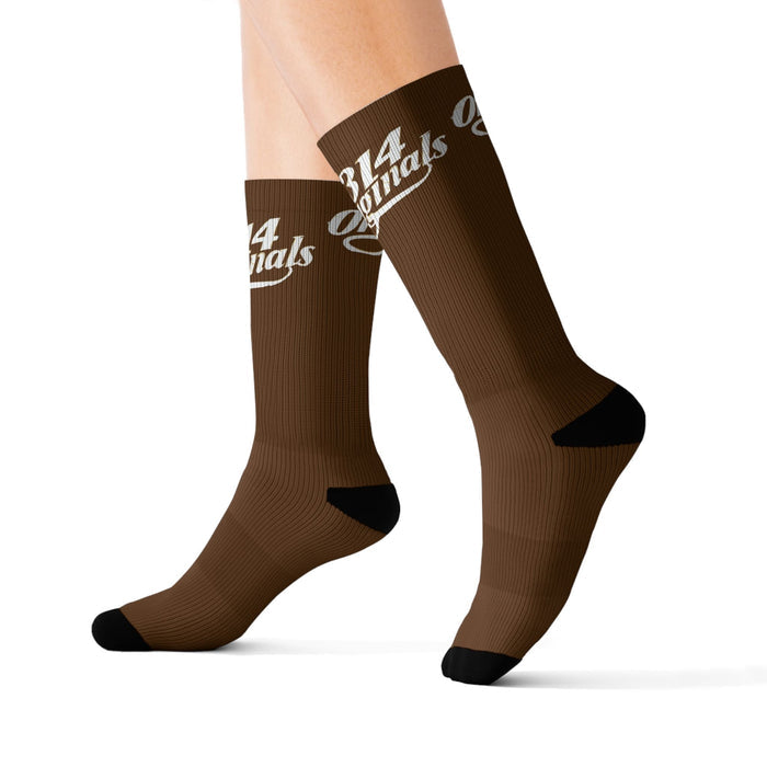 Brown Sublimation Socks with '314 Originals' Script — Athletic Crew Socks - 314 Originals