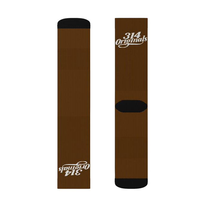 Brown Sublimation Socks with '314 Originals' Script — Athletic Crew Socks - 314 Originals