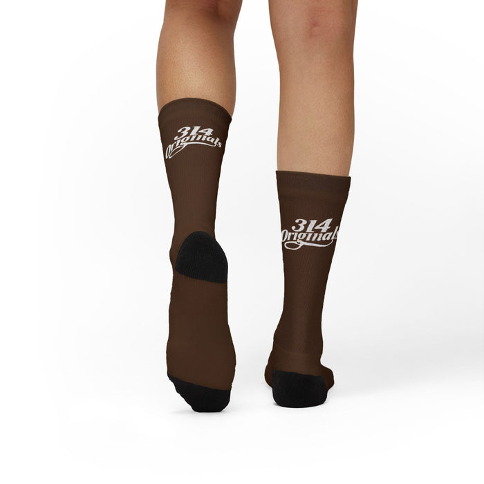 Brown Sublimation Socks with '314 Originals' Script — Athletic Crew Socks - 314 Originals