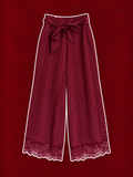 Burgundy Satin Stripe Lace-Hem Wide-Leg Pants