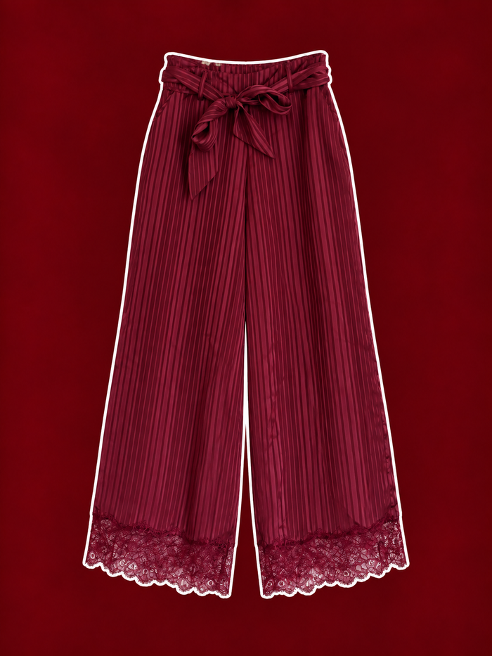 Burgundy Satin Stripe Lace-Hem Wide-Leg Pants