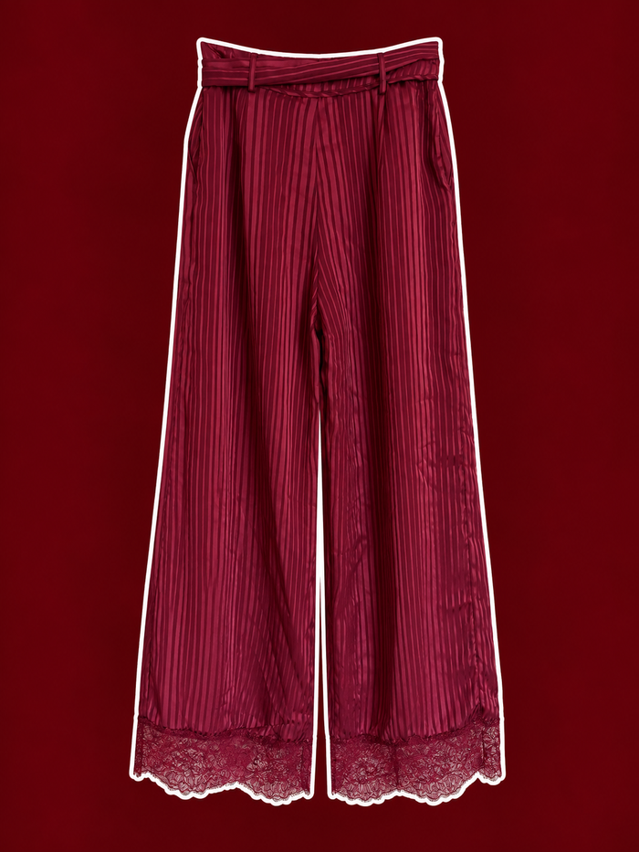 Burgundy Satin Stripe Lace-Hem Wide-Leg Pants