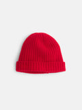 A vibrant red Cashmere Beanie with a supersoft texture and a folded brim, displayed flat on a white background.