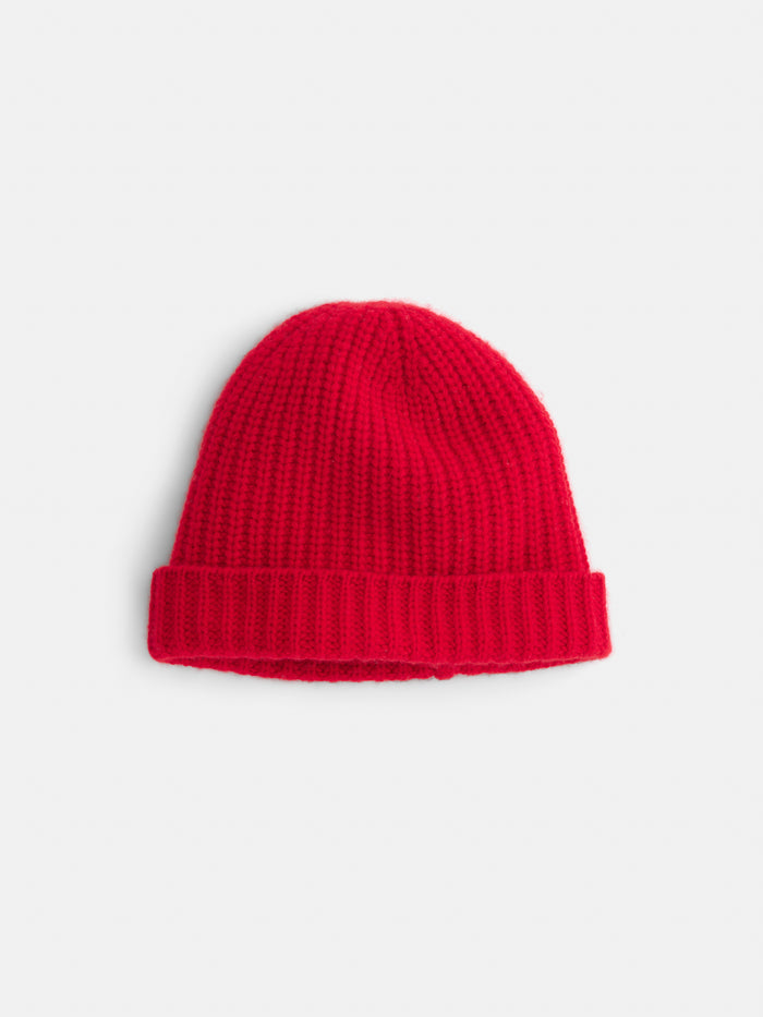 A vibrant red Cashmere Beanie with a supersoft texture and a folded brim, displayed flat on a white background.