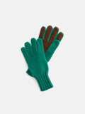 Displayed on a white background, the Cashmere Leather Palm Gloves feature a pair of green knitted gloves with genuine leather palms.