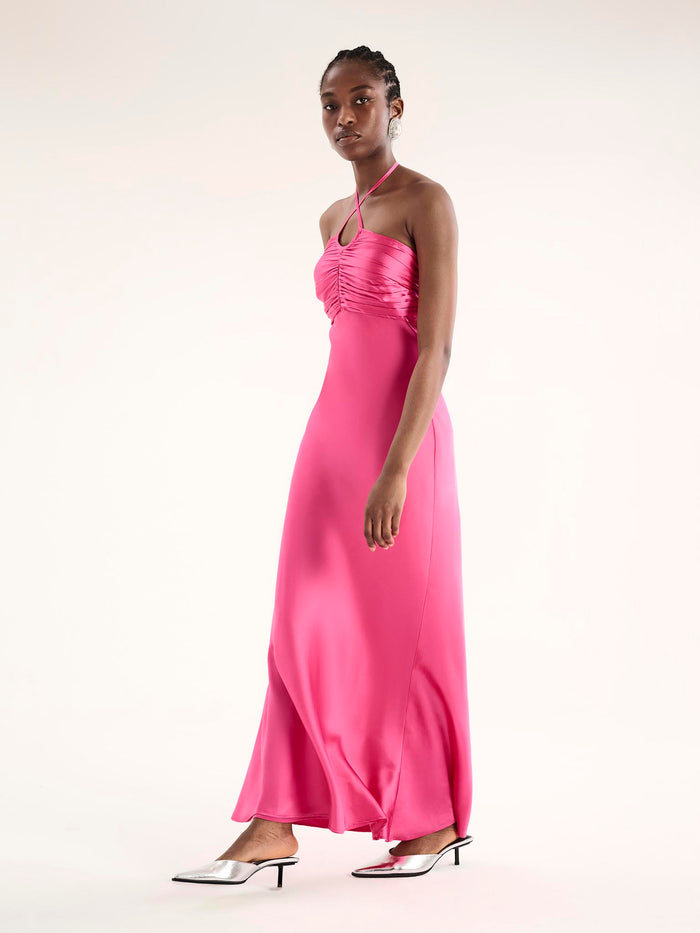 Pink satin maxi dress with ruching and halterneck