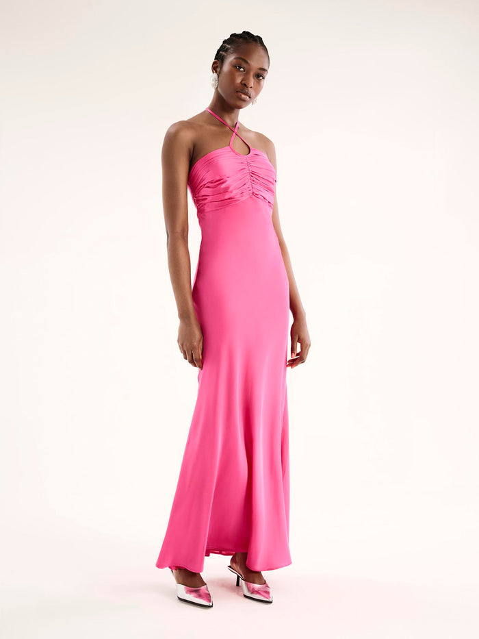 Pink satin maxi dress with ruching and halterneck