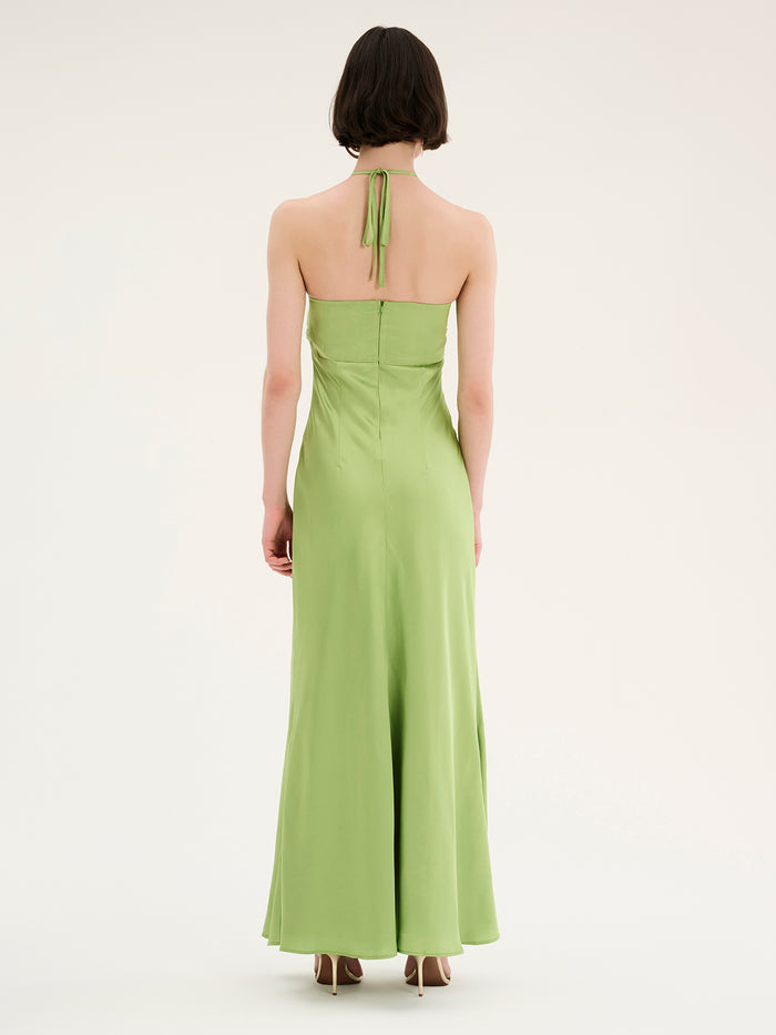Sage green satin maxi dress with ruching and tie halterneck