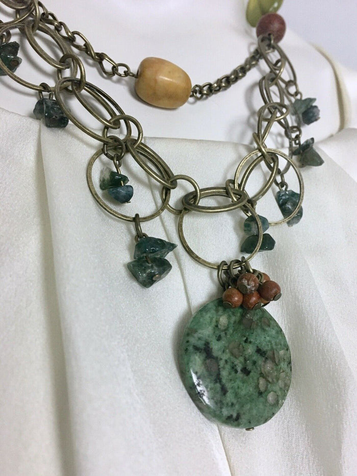 Chico's Bronze & Green Stone Bead Chain-Link Boho Necklace