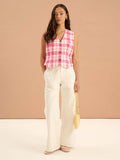 Cindy V Neck Check Print Waistcoat in Pink