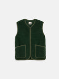 The Coldbreaker Standard Vest is a sleeveless dark green fleece vest with two large front pockets and a zipper, made from Irish wool and shown against a plain white background.