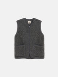 The Coldbreaker Standard Vest is a dark gray, sleeveless fleece vest made from Irish wool, unisex sized, with a front zipper, rounded neckline, and two large front pockets, shown against a plain white background.