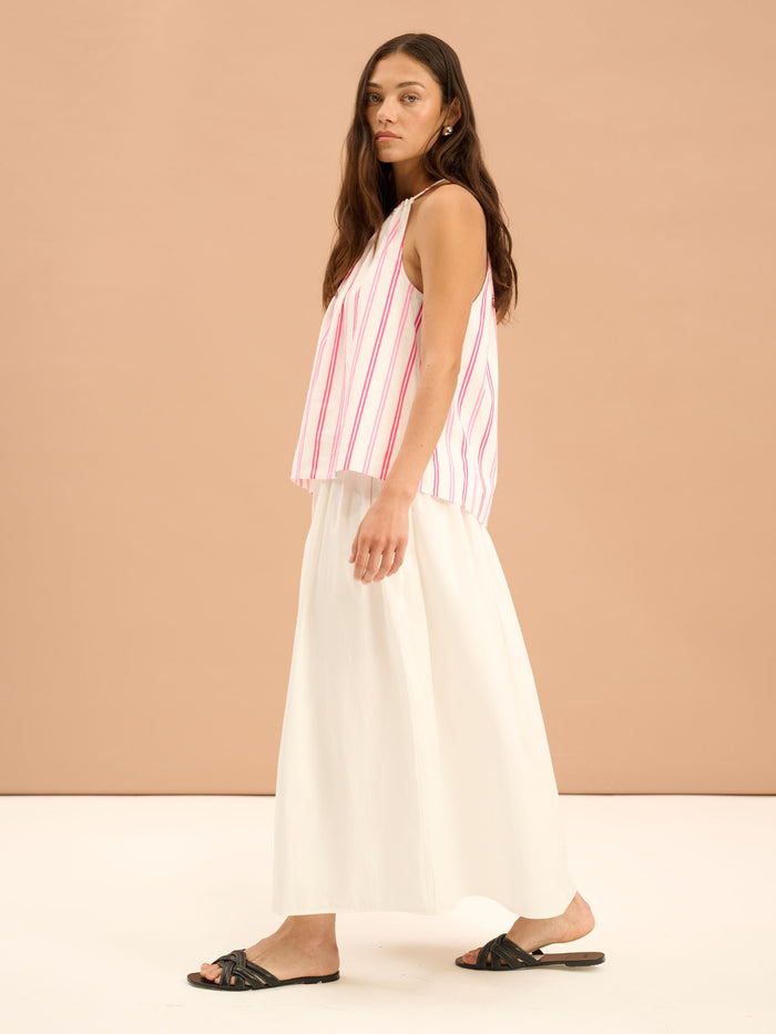 Darcie Drop Waist Full Midi Skirt in White