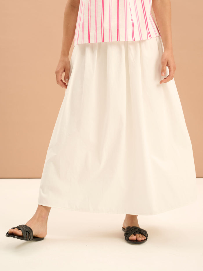Darcie Drop Waist Full Midi Skirt in White