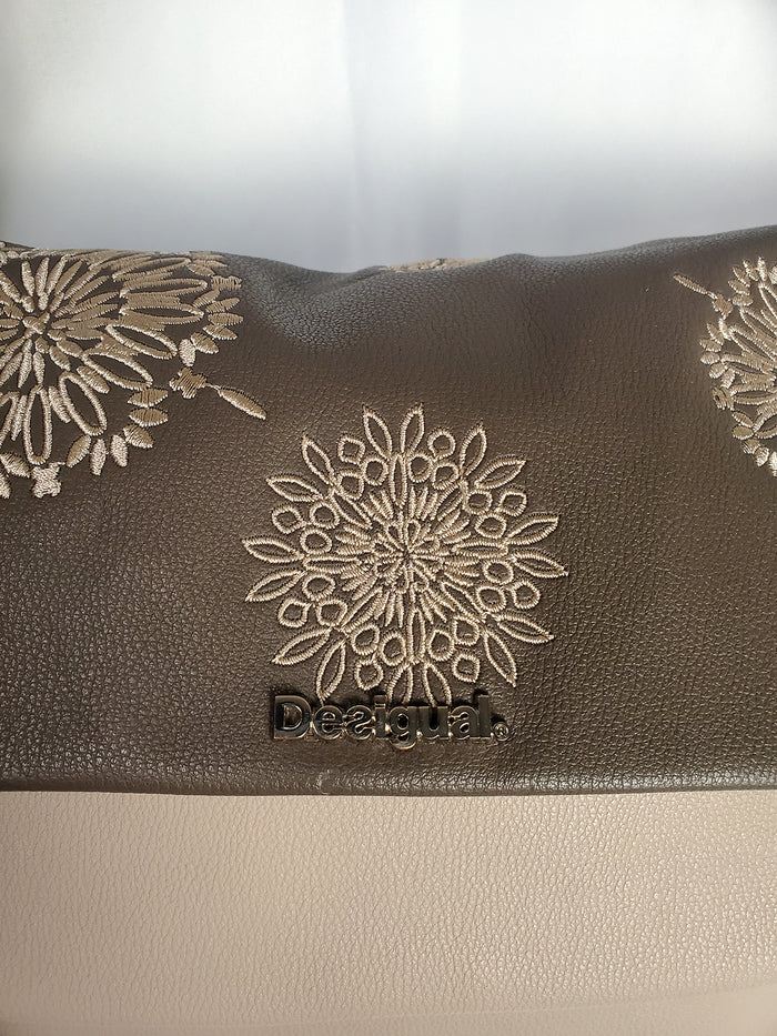 desigual Beige & Taupe Faux Leather Floral Shoulder Handbag