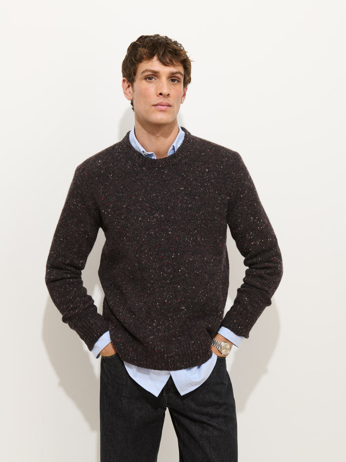A young man with short brown hair stands against a white background, wearing the Donegal Crewneck Sweater over a light blue collared shirt, his hands in his pockets.