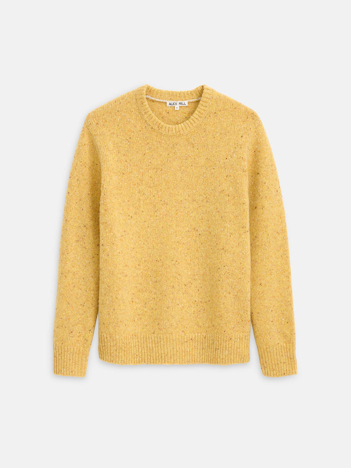 A Donegal Crewneck Sweater in yellow alpaca blend with long sleeves and crew neckline, displayed flat on a white background.