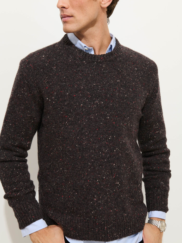 Man wearing a dark brown Donegal Crewneck Sweater over a light blue collared shirt, hands in pockets, silver watch on his left wrist, and face turned to the side.