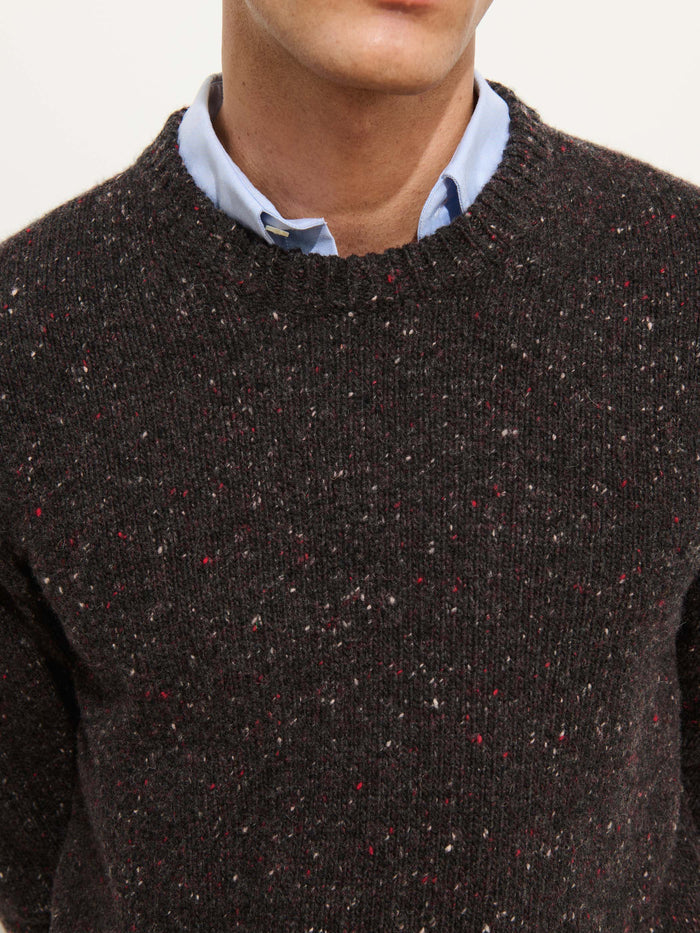 A person wears a light blue collared shirt under a dark Donegal Crewneck Sweater. The image is cropped at the shoulders, revealing only the lower half of the face and upper torso.