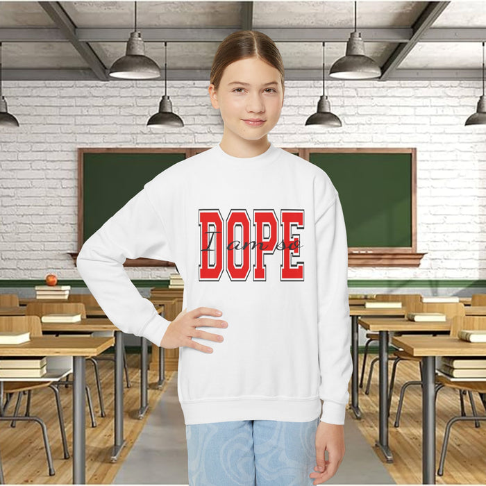 "DOPE" Red Varsity Graphic Youth Crewneck Sweatshirt - 314 Originals