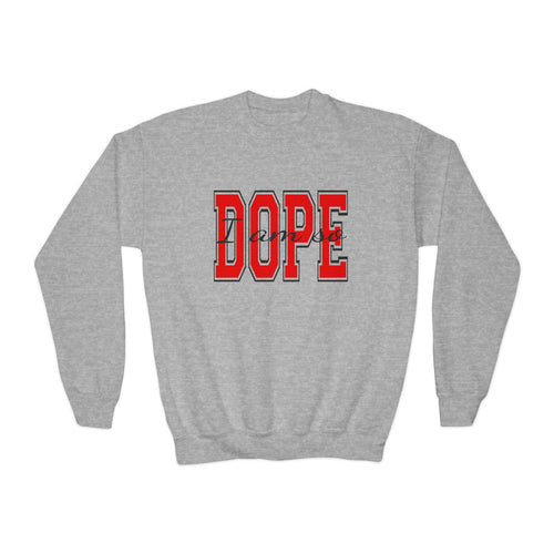 "DOPE" Red Varsity Graphic Youth Crewneck Sweatshirt - 314 Originals