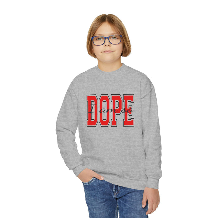 "DOPE" Red Varsity Graphic Youth Crewneck Sweatshirt - 314 Originals