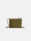 The Dragon Diffusion Pouchette Bali Large Bag is an olive green, hand-woven, rectangular leather bag with a thin braided strap and a simple, natural texture from vegetable-dyed leather, shown against a plain white background.