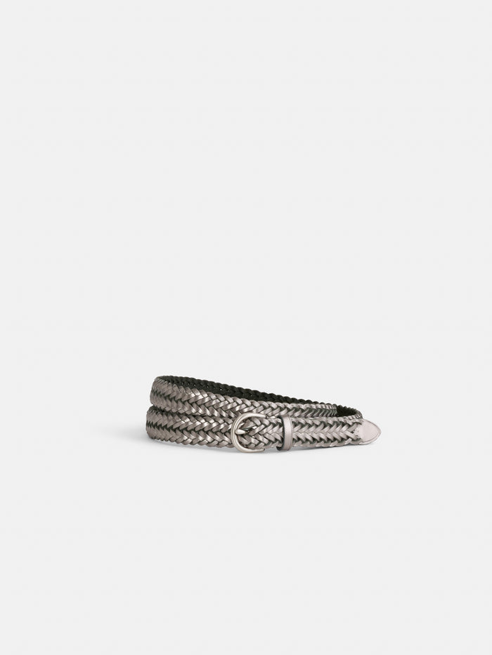The Dragon Diffusion Woven Leather Belt, featuring coiled silver-grey braided leather and a shiny metal buckle, is displayed against a plain white background.