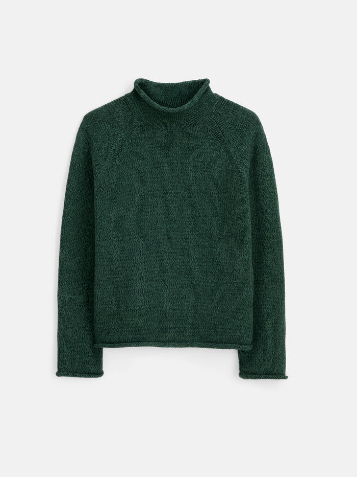 The Eastport Rollneck In Cotton, a dark green, long-sleeve sweater inspired by the classic fisherman’s style, features a mock-neck design and is crafted from textured 100% cotton knit, shown laid flat on a white background.