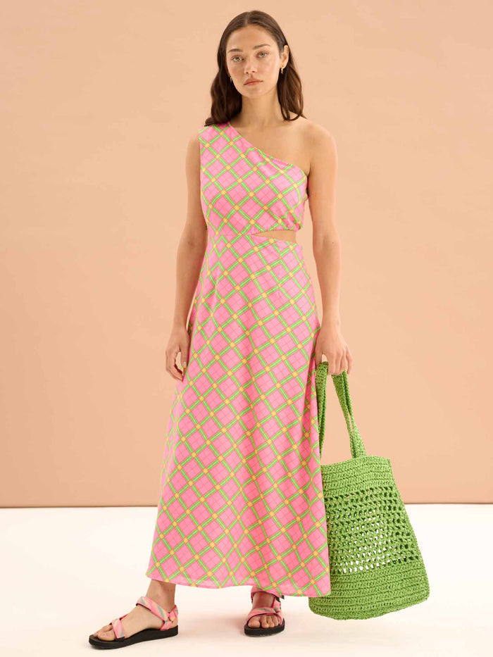 Evaline Check Print One Shoulder Dress