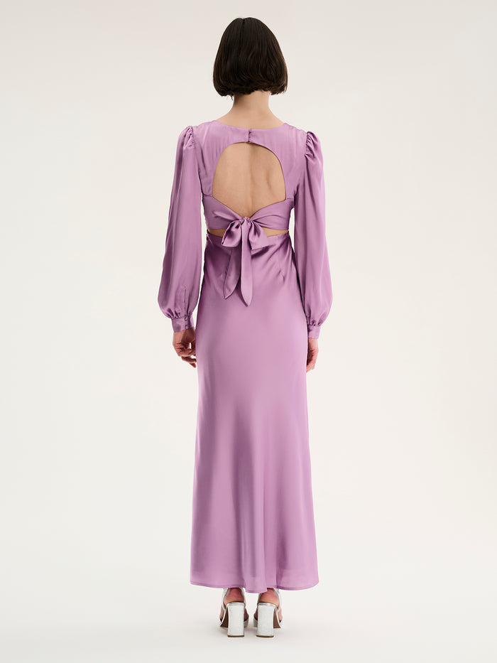 Lavender long sleeved maxi dress with v neck and open back with tie detail