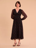 V neck midi dress with long sleeves in black with cherry print