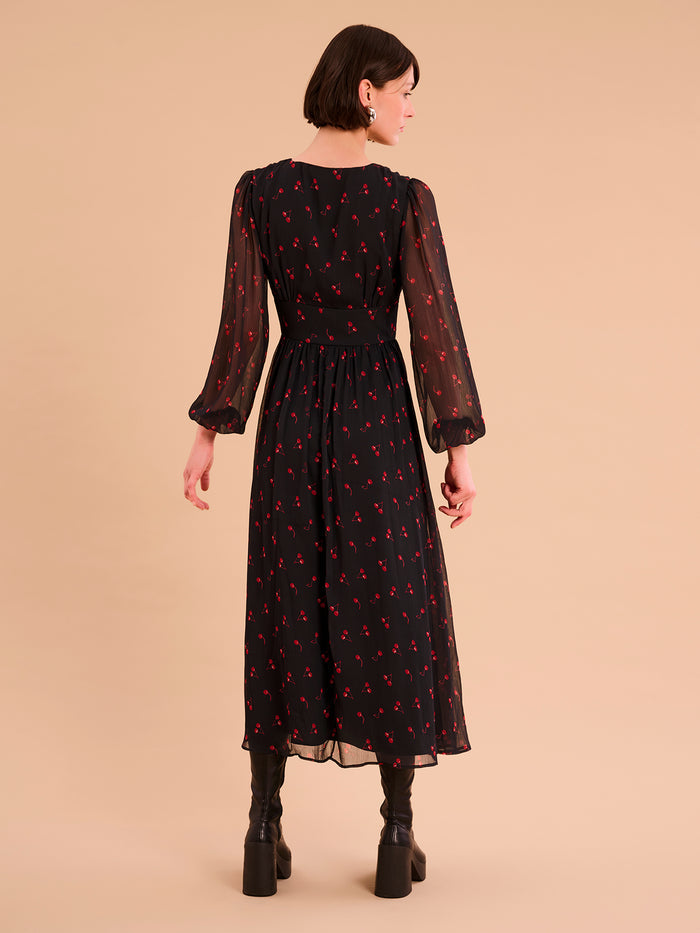 V neck midi dress with long sleeves in black with cherry print