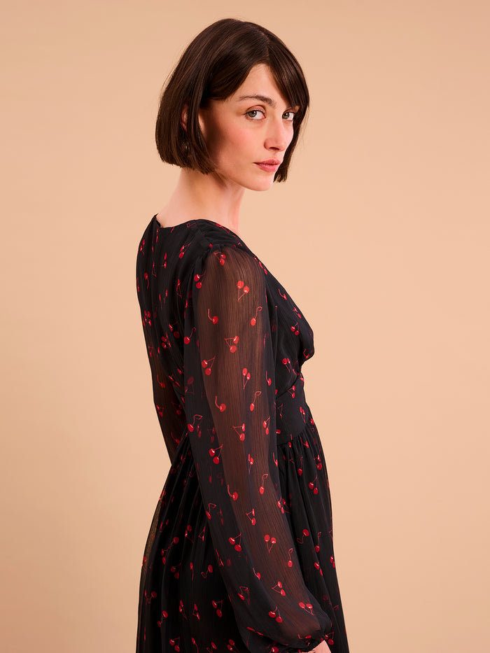 V neck midi dress with long sleeves in black with cherry print