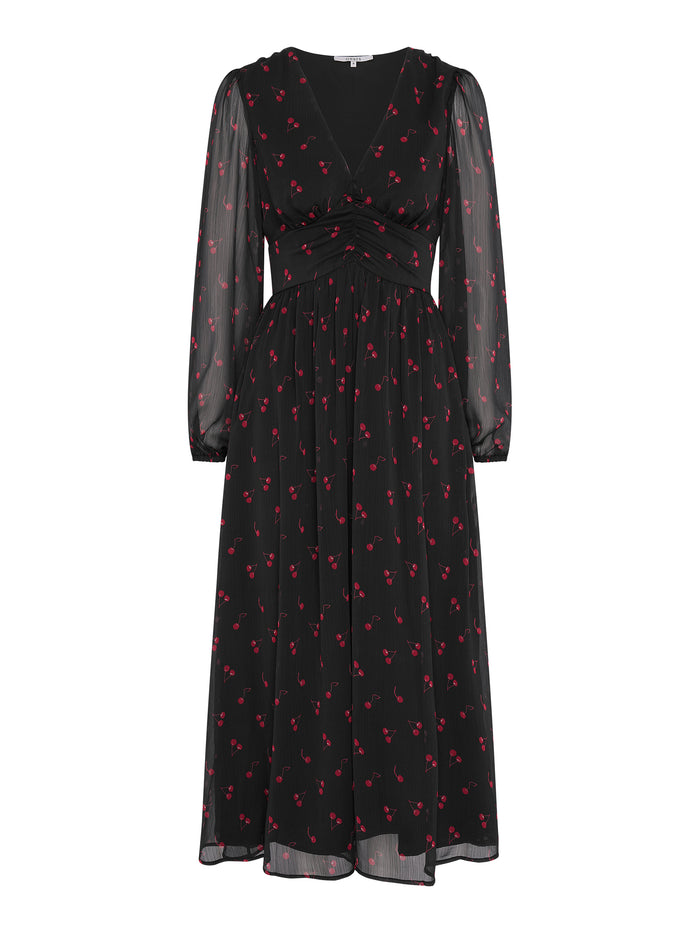 V neck midi dress with long sleeves in black with cherry print