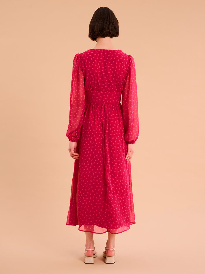 Long sleeved, v neck midi dress in red with print and ruching at the waist