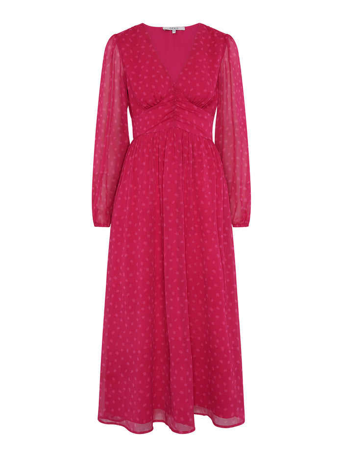Long sleeved, v neck midi dress in red with print and ruching at the waist