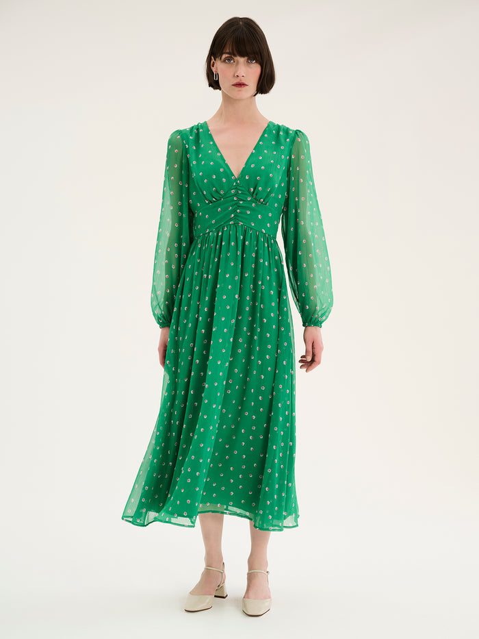 Long sleeved, v neck midi dress in green with print and ruching at the waist