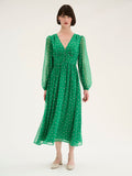 Long sleeved, v neck midi dress in green with print and ruching at the waist