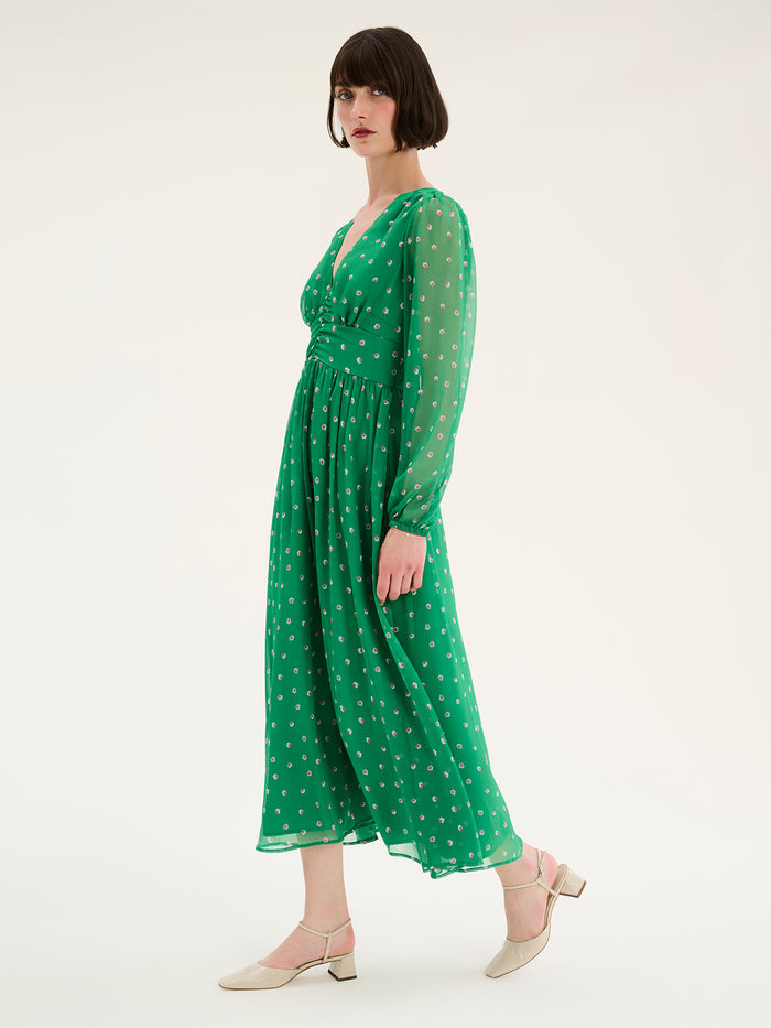 Long sleeved, v neck midi dress in green with print and ruching at the waist